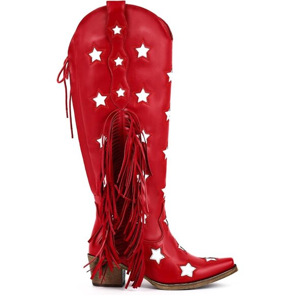 Women Red Star Synthetic Fringe Thigh High Tassel Wide Over Knee Pointed Boot - Picture 1 of 6